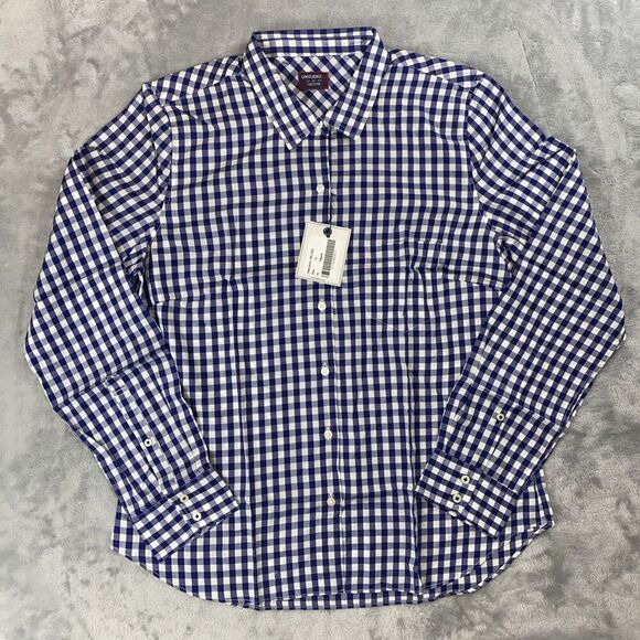 UNTUCKit Women's Size 12 Belleza Navy Blue Gingham Button Down Shirt Pocket - Picture 1 of 6